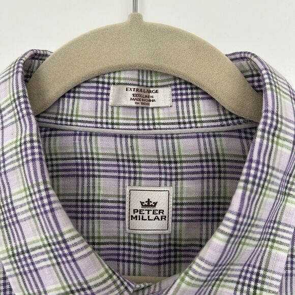 Peter Millar Shirt Mens Plaid 100% Linen Button Up Short Sleeve XL Purple Green - Picture 4 of 10
